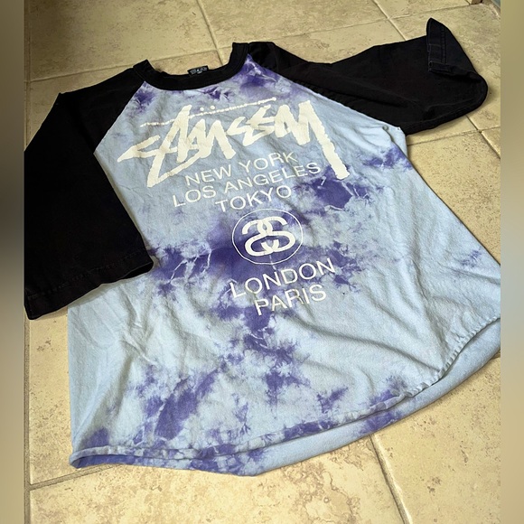 Stussy Tops - 🦕STUSSY🦕-Vintage Distressed Stussy 3/4 Sleeve Tee-Blue/Purple Tie-dye-Small